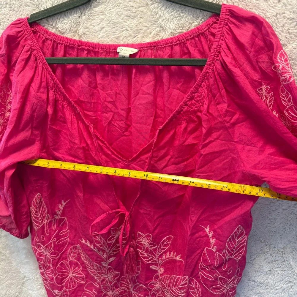 Hot Pink Embroidered Peasant Top Monstera Floral Tassel Puff Sleeve Blouse M - Picture 5 of 10